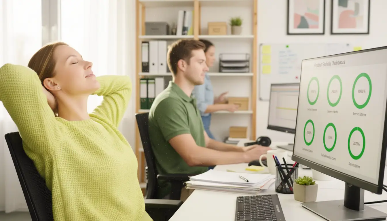 Zwei Personen im Büro arbeiten entspannt an Computern.