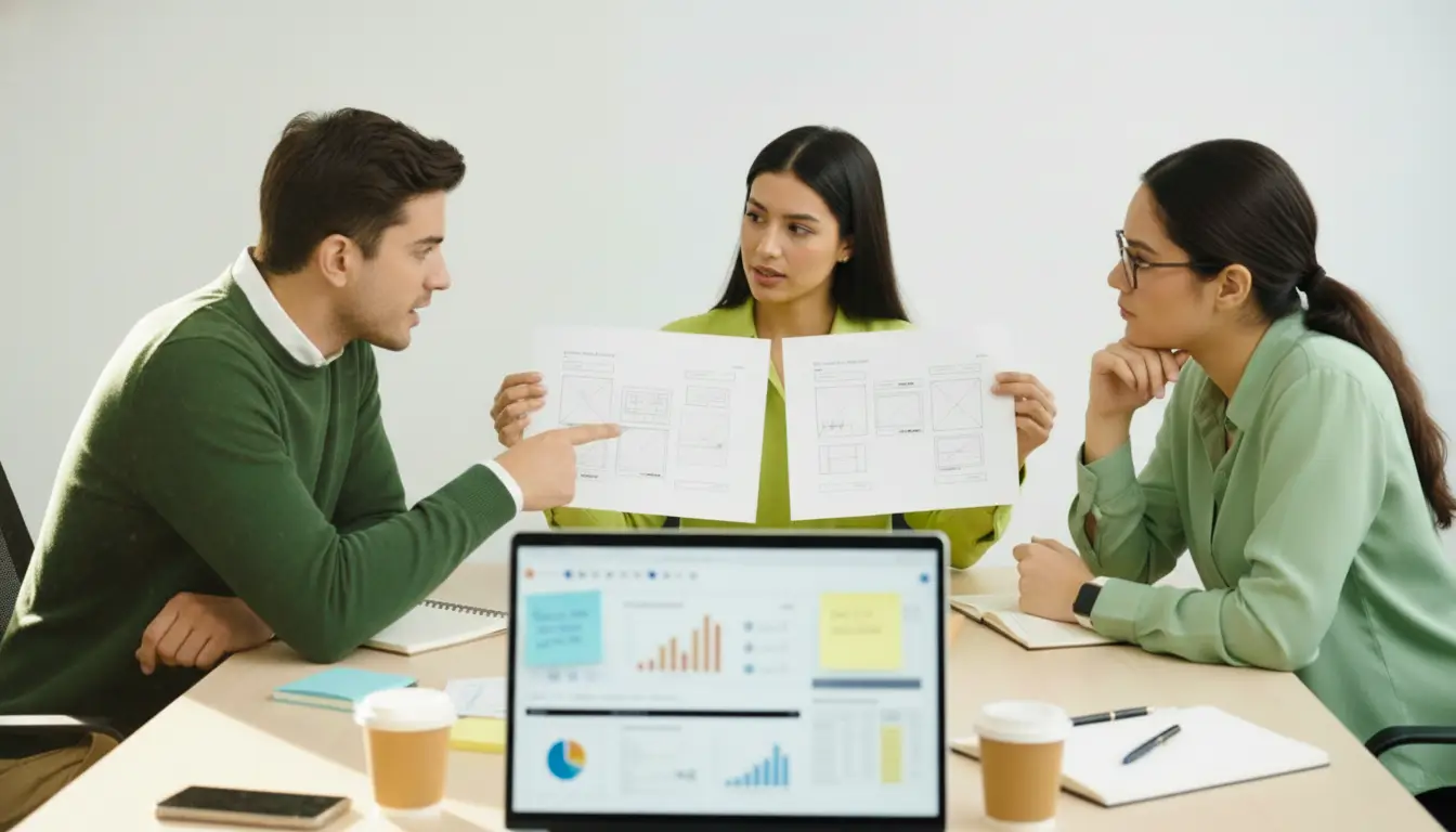 Drei Personen besprechen Auswertungen, eine Person hält Unterlagen mit Diagrammen hoch.