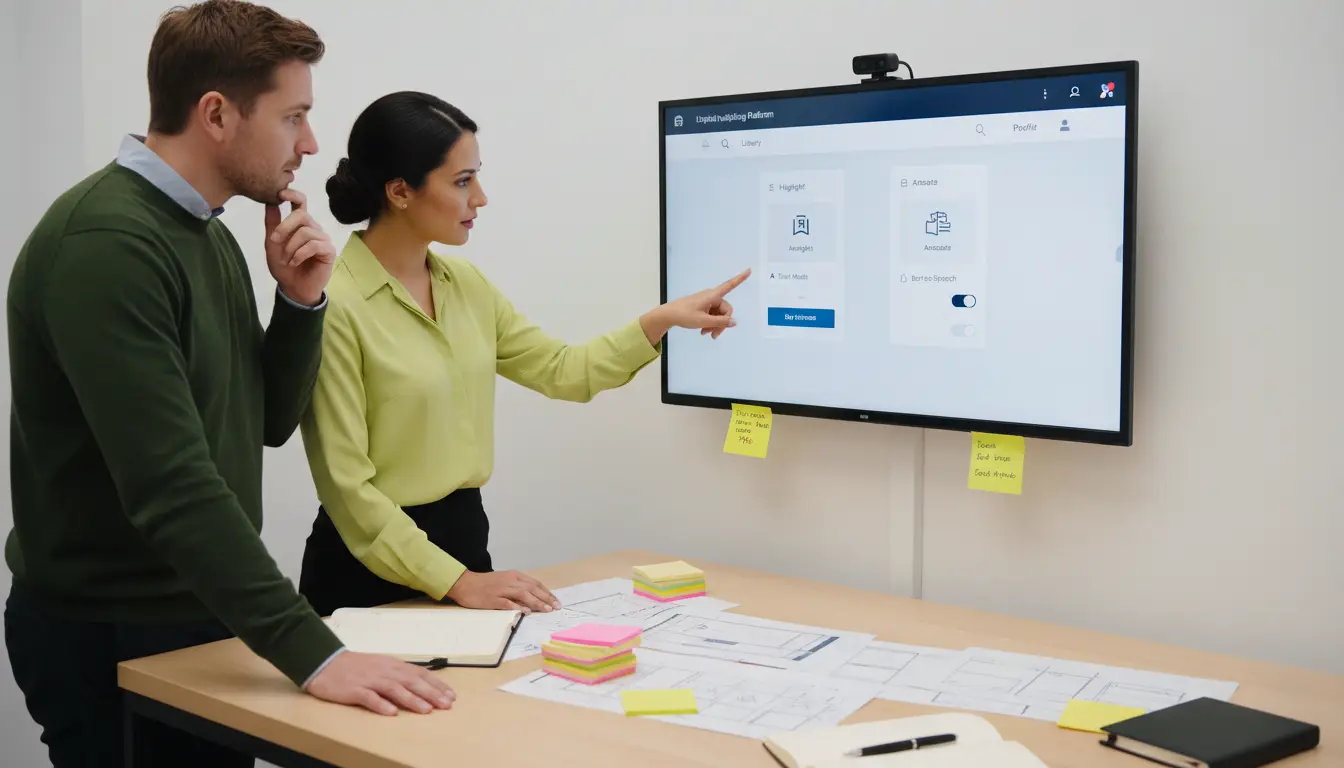 Zwei Personen arbeiten gemeinsam an einem Bildschirm mit digitaler Produktübersicht.