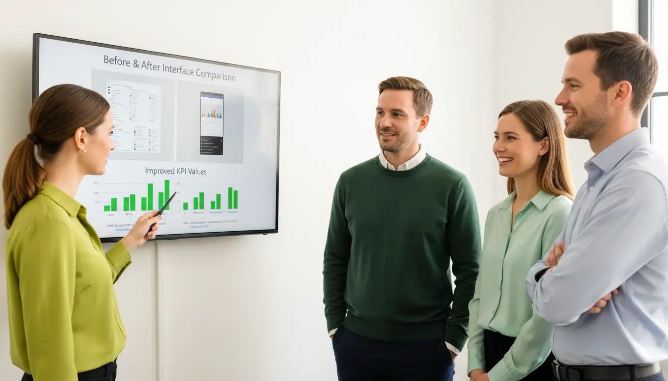 Zwei Personen betrachten eine Präsentation mit Diagrammen auf einem Bildschirm.