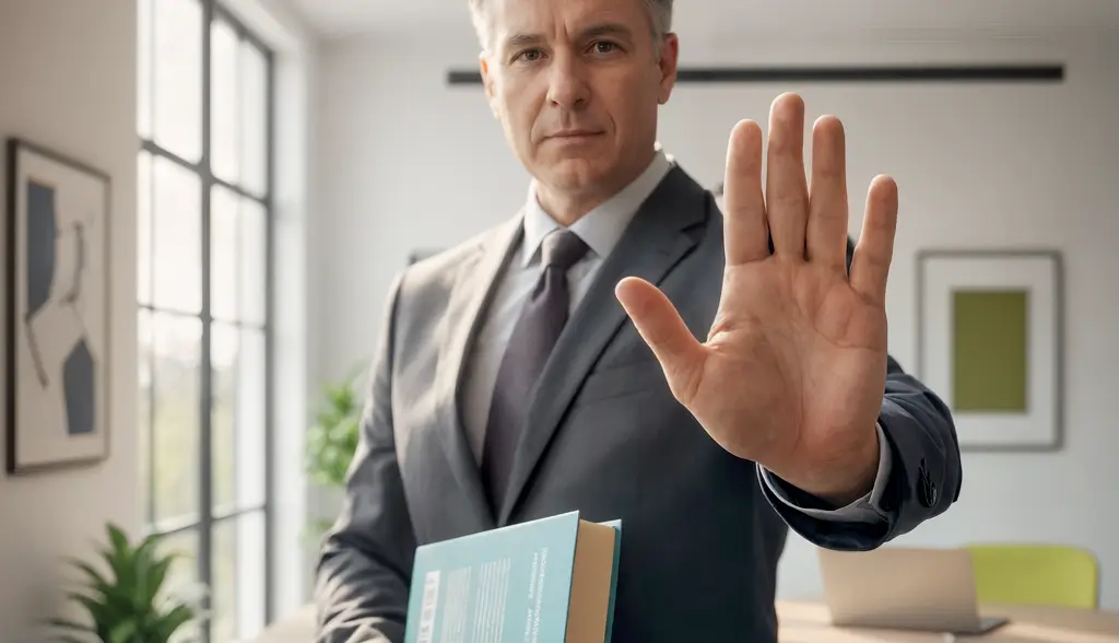 260407_Konservativ_flach Geschäftsmann im Anzug hält Buch und zeigt mit erhobener Hand ein Stoppsignal.
