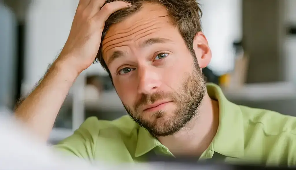 260407_UX_Know-How_flach Nachdenklicher Mann mit Hand am Kopf und fragendem Blick.