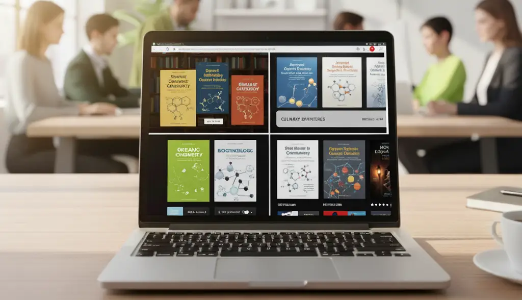 260407_UX_Wettbewerb_flach Laptop mit Raster aus digitalen Magazincovern und Buchseiten auf dem Bildschirm.